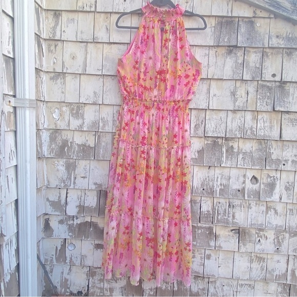 Taylor Floral Pink Halter Mock Neck Sleeveless Elastic Waist Maxi Dress - Picture 3 of 10